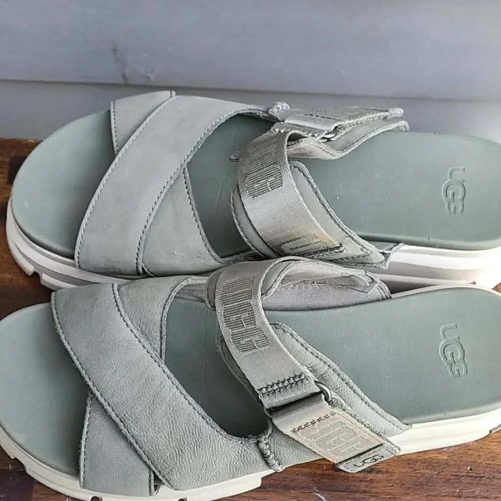 UGG Ashton Slide Gray Green Leather Logo Platform Sandals size 10